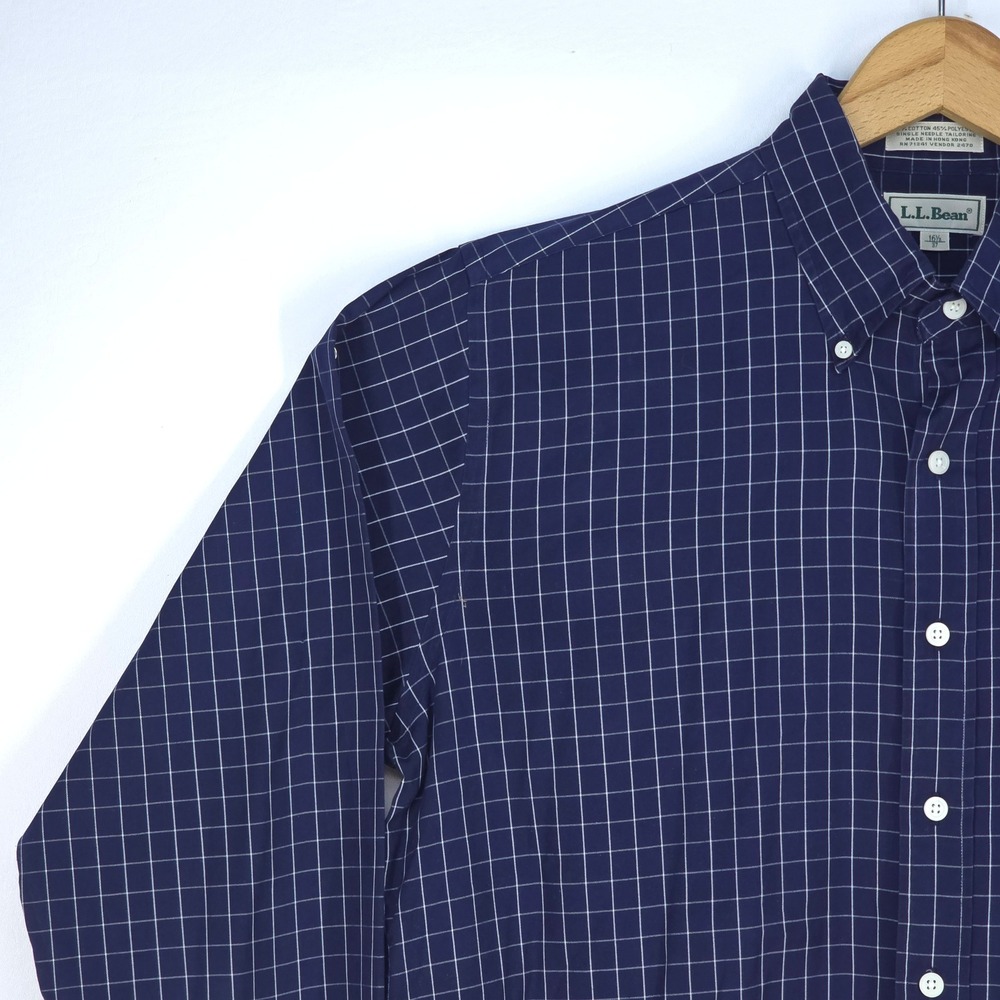 LL Bean Button Down Shirt Mens Large Navy Blue Check Long Sleeve Office Business - Picture 8 of 15